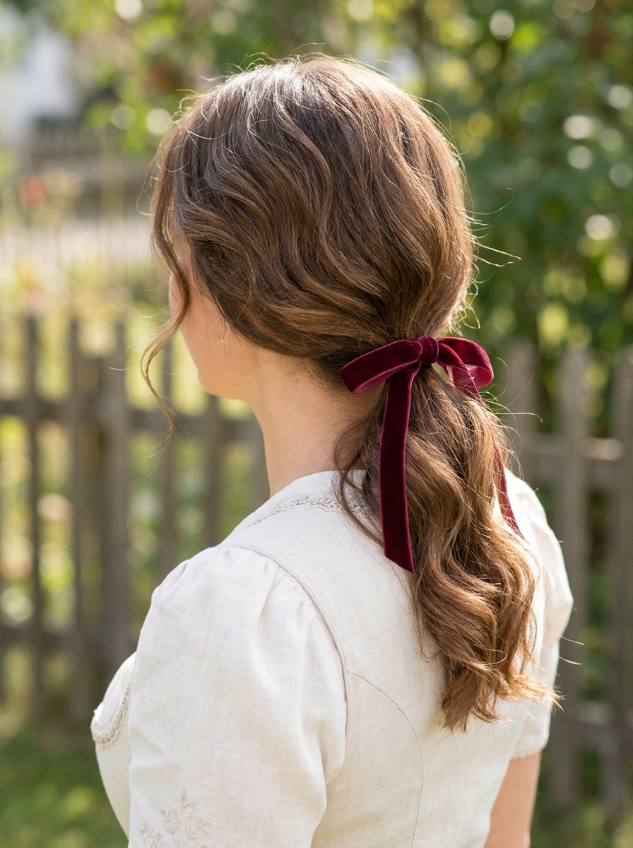 Low Ponytail mit Samtschleife als Einfache Dirndlfrisuren Inspiration 2026